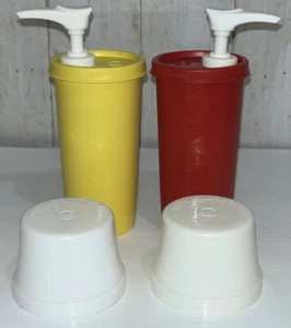 VTG Tupperware Red Ketchup & Yellow Mustard Dispensers 1329 w/Lids 871 & Pumps - Picture 1 of 10