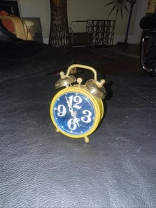 Vintage Blessing Travel Alarm Clock Tested Working Yellow With Blue Dial 2.5” - Picture 1 of 7