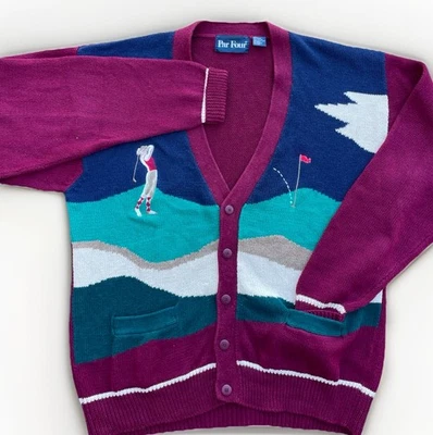 VTG 90’s Par Four Golf Cardigan Sweater Men’s Size Large Embroidered Knit AOP - Image 1 of 4