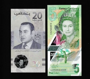 Banknoten 2 Polymere Ostkaribik 5$ 2021 & Marokko 20 Dirham 2019 UNC - Bild 1 von 2