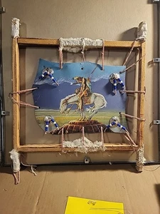 VTG 90s Native American Mandella Painting Leather Hanging Fur Wall Mandell - Picture 1 of 11