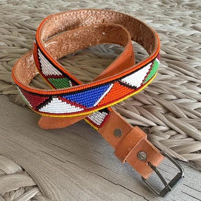 Handcrafted Ethnic Tribal African Beaded Leather Belt Silver Tone Buckle - Image 1 of 4