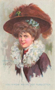 Artist E H Kiefer Beautiful Woman With Edwardian Hat & Muff Postcard - Picture 1 of 2