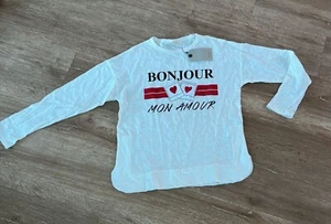 Zara Girls Collection T-Shirt Size 13/14 White Long Sleeve Bonjour Graphic Top - Picture 1 of 3