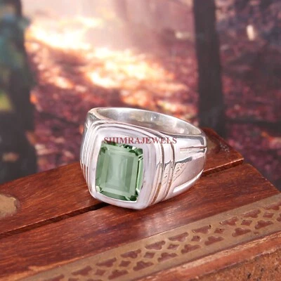 Natural Green Amethyst Gemstone With 14K White Gold Plated Silver Mens Ring #436 - Image 1 of 4