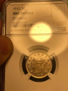 Liberty Nickel -- 1912 NGC unc cleaned. very lightly (#100800) - Picture 1 of 4