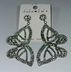 Lulu Lala Green Rhinestone Butterfly Dangle Drop Earrings Nickel Lead Free NEW - Picture 1 of 1