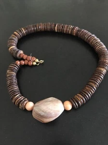African Wood Beads Tribal Statement Necklace BOHO Shell 28" - Picture 1 of 10