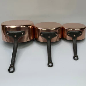 Vintage French Kitchen Set 3 Heavy Quality Hammered Copper Cooking Pans - Picture 1 of 23