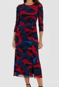 Anne Klein Women's Blue Round-Neck Puff-Sleeve Midi Dress Size S - Picture 1 of 4