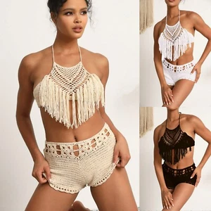Hand Crochet Beach Bikini Set Women Short Swimwear Tassel Tank Top Hot Pants Set - Picture 1 of 13