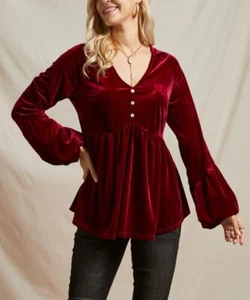 1X NWT Suzanne Betro Burgundy Button Accent V-Neck LS Velvet Top - Picture 1 of 5