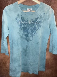 Harley-Davidson M Shirt 3/4 Sleeve Graphic Shirt With Rhinestones Aqua 2013 🧡 - Picture 1 of 8