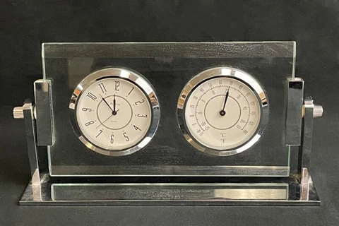 Bulova Chrome And Glass Quartz Tilting Clock and Thermometer B7271 Needs Battery Cover