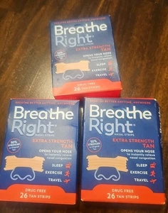 3 cajas de tiras nasales Breathe Right extra fuertes abre tus tiras de bronceado para nariz  - Imagen 1 de 2