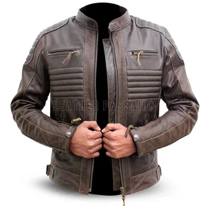 Men's Brown Genuine Leather Biker Motorcycle Jacket with CE Armoured Protection - Picture 1 of 9