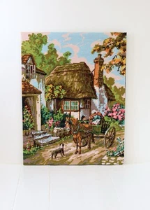 Arazzo vintage completo punto ago paesaggio casetta inglese 23” X 18” - Foto 1 di 6