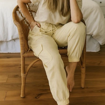 Pantalones Jogger Nicole Miller Lino Carga XL Cintura Ajustable Medianos Boho Festival Foto 1 de 4