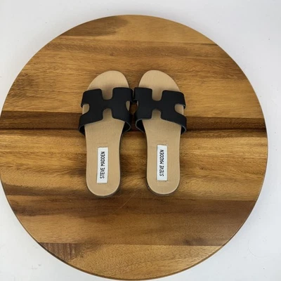 Big Kids Steve Madden Hoku Black Leather Casual Slides Sandals Size 3 Y EUC - Image 1 of 4