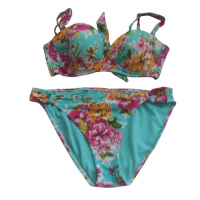 Conjunto de Bikini Floral Leilani Turquesa y Rosa Push Up Top Vacaciones Tropical Talla 12 Foto 1 de 4