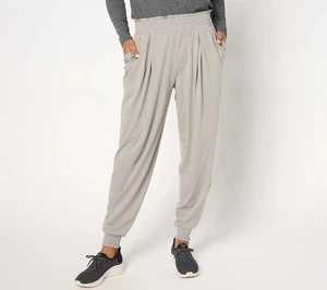 AnyBody Petite Cozy Knit Pleat Detail Joggers with Smocked Waist Gray LP - Picture 1 of 2