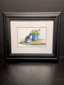 Vintage Artist Signed Jeanne Mack Watercolor Print Black White Cat Geranium 9x11 - Picture 1 of 7