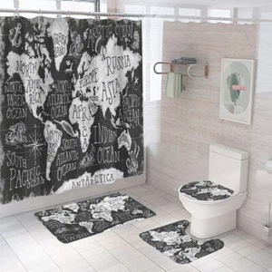 World map Shower Curtain Bathroom Rug Set Bath Mat Non-Slip Toilet Lid Cover - Picture 1 of 11