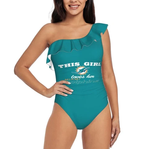 This Girl Loves Her Miami Dolphins Women's One Shoulder Ruffle Swimsuits Cover