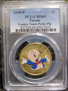 2019-P Tuvalu $1 Looney Tunes Porky Pig Colorized PCGS MS69 "That's All Folks" - Picture 1 of 5