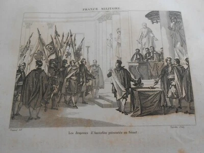1836 GRABADO BANDERAS AUSTERLITZ PRESENTES EN EL SENADO EN LA GUERRA NAPOLEÓNICA DE PARÍS Foto 1 de 4