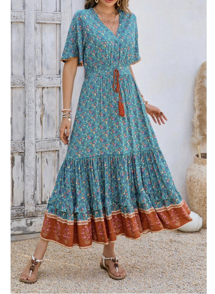 R. Vivimos Women’s Summer Cotton Short Sleeve V Neck Floral Print Long Dress - Image 1 of 4