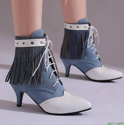 Botines Tacones Medianos Punta Mujer Con Cordones Patchwork Borlas Zapatos Talla Grande Foto 1 de 4