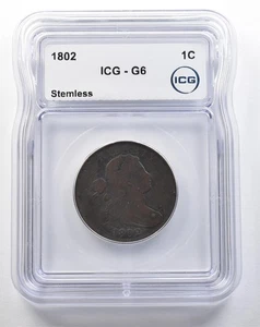 1802 Draped Bust Large Cent Stemless G6 ICG *3801 - Picture 1 of 3