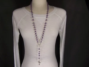 rosary beads Purple Silver rosary cross 30" long necklace pendant bead beaded - Picture 1 of 8