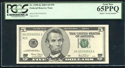 FR. 1990-K 2003 $5 FW FRN “RADAR S/N DK25500552A” DALLAS, TX PCGS GEM UNC-65PPQ - Image 1 of 2