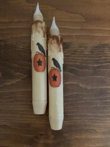 Pumpkin with Crow and star Taper Candle Grungy Cream 6.5" Primitive Set of 2 - Picture 1 of 1