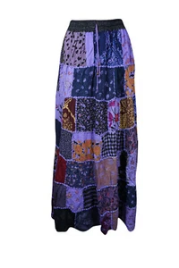 Boho Gypsy BLUE Maxi Skirt Rayon Printed PATCHWORK Vintage Long Skirts S/M