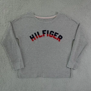 Tommy Hilfiger Sweatshirt Women Medium Gray Raised Carpet Spell Out Logo Sweater - Picture 1 of 12