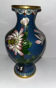 VINTAGE Blue CHINESE CLOISONNE ENAMEL & BRASS FLORAL VASE 6” - Picture 1 of 7