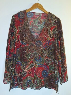CHICO'S Silk Blouse Womens Sz 1(M) Paisley Sheer Quiet Luxury Career Old Money - Image 1 of 4