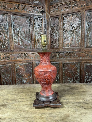 Vintage Chinese Carved Cinnabar Laquer Vase Table Lamp Light Mountain Scene - Image 1 of 4