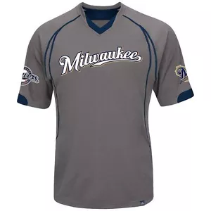 Milwaukee Brewers Men's Shirt Lead Hitter MAjestic Raglan Top Dark Grey NEW - Picture 1 of 3