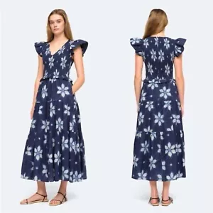 Sea New York Isla Smocked Tiered Midi Dress In Navy Print SIZE 4 - Picture 1 of 11