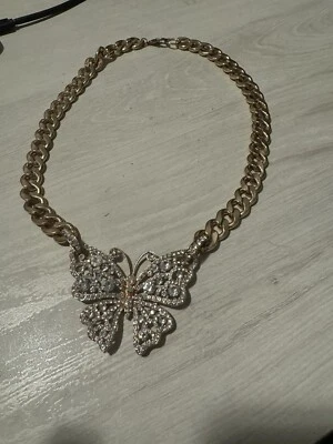 Crystal Butterfly Thick Gold-Tone Link Chain Statement Necklace (Natasha Brand) - Image 1 of 4