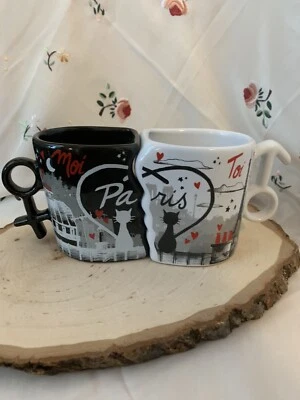 Tazas de besos Paris con mango de corazón blanco y negro, gato. Sin chip Foto 1 de 4