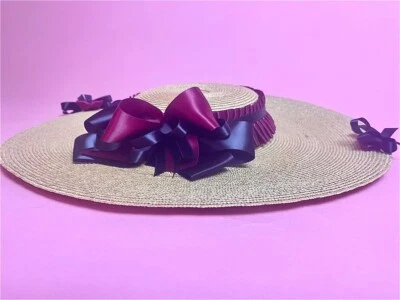 Handmade Vintage Straw Violet Bow Hat | retro vintage kentucky derby opulent hat - Image 1 of 4
