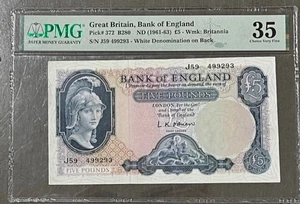 Great Britain Bank Of England 5 Pound 1961-63 Pick# 372 PMG 35 Choice Very Fine - Picture 1 of 3