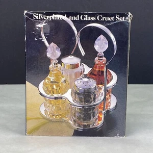 Vintage Silverplate Oil Vinegar Cruet Salt Pepper Set New Old Stock - Picture 1 of 9