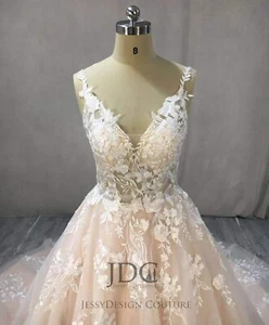 Glitter Lace Wedding Dress Bridal Gown Custom made 4-28W Plus Illusion Straps - Picture 1 of 8