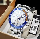 Mens White Dial Diver Watch With The Orange And Blue Bezel.